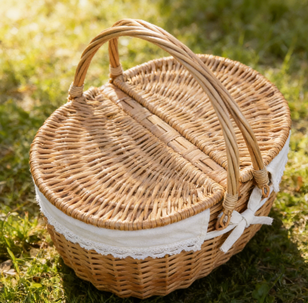 Woven Wicker Picnic Basket with Lid and Washable Lining - Image 3