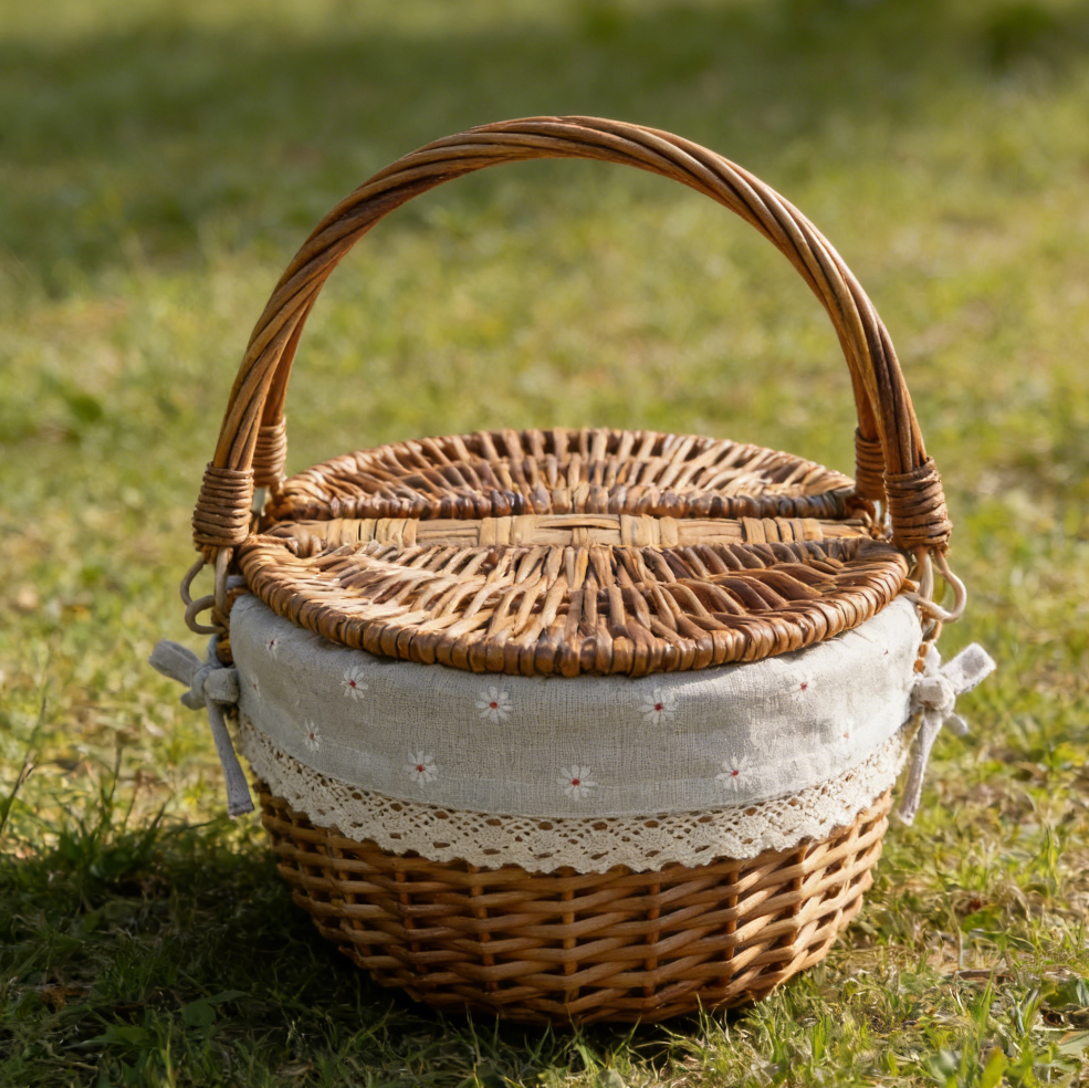 Small Wicker Picnic Basket with Foldable Handle and Removable Liner - Image 2