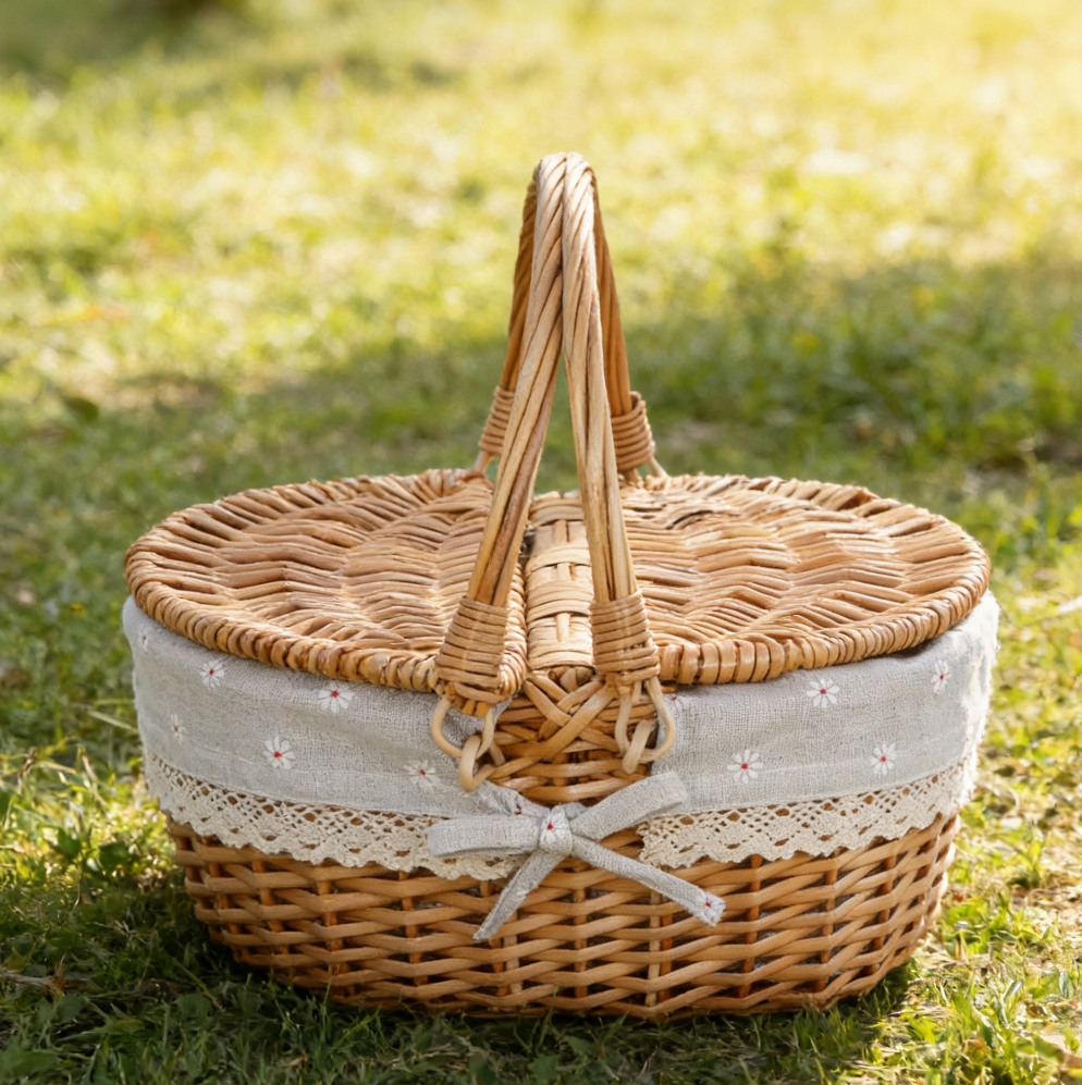 Small Wicker Picnic Basket with Foldable Handle and Removable Liner