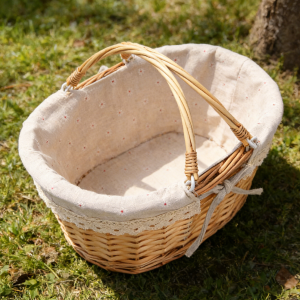 Woven Willow Picnic Basket with Linen and Folding Handles