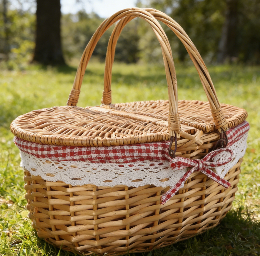 Woven Wicker Picnic Basket Set with Plates and Blanket